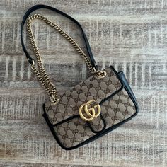 Original Gucci Handbag. Perfect Condition, Used Only Twice. Gg Marmont Small Matelasse Canvas Shoulder Bag In Black. Gucci Handbag, Gg Marmont, Canvas Shoulder Bag, Gucci Handbags, Gucci Bags, Black Tan, Black And Tan, Gucci Bag, Bag Lady