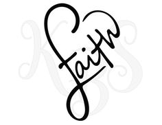 the word faith written in cursive font with a heart on it's side