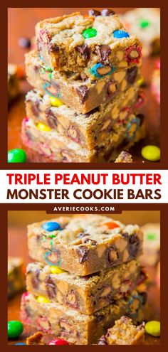 triple peanut butter monster cookie bars stacked on top of each other