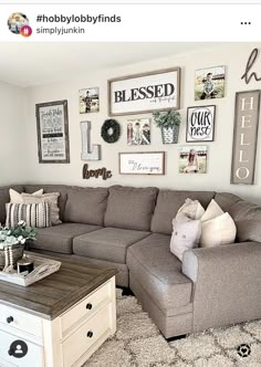 a living room filled with lots of furniture and pictures on the wall above it's coffee table