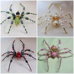 four different types of spiders with pearls on their backs and legs, all in various colors