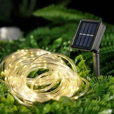 a solar powered string light on top of some green plants and leaves in the dark