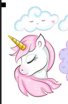 a pink and white unicorn with a yellow horn sleeping on it's head next to a cloud