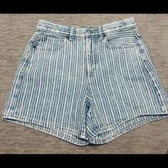 Nwot! American Eagle Pinstripe Midi Length Denim Shorts Inseam Is 5” Waistband Is 14.5 Inches. Rise Is 8”100% Cotton Size 6 Trendy Pinstripe Bottoms For Summer, Trendy Pinstripe Summer Bottoms, Striped High Waist Shorts With Pockets, High Waist Striped Shorts With Pockets, Striped High-waist Shorts With Pockets, High Waist Pinstripe Cotton Bottoms, Striped High-waisted Shorts With Relaxed Fit, Summer Striped Cotton Jeans, Striped Cotton Jeans For Summer