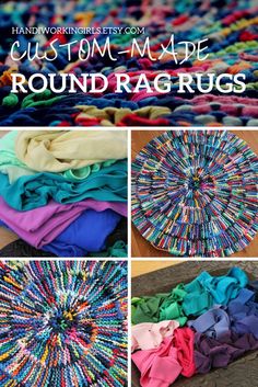 colorful rag rugs with text overlay that says, custom made round rag rugs