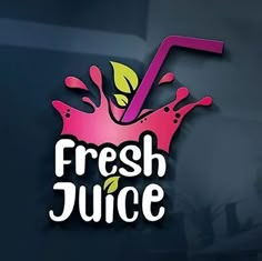 the logo for fresh juice is shown on a dark blue background with pink and yellow splashes