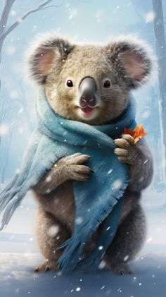 a koala holding onto a blue scarf in the snow with trees and snowflakes behind it