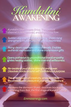 Kundalini awakening creates deeper awareness and Spiritual growth within you.  Your Kundalini activation follows a very specific energetic process, related to your main 7 Chakras and the Energy healing spirituality needed to bring your Kundalini energy -the "coiled snake" energy at the base of your spine- back into flow.  The Spiritual awakening stages of your Kundalini activation process follow the upward moving Shakti path; healing and realigning one Chakra at a time. In Kundalini yoga, KAP transmission, etc., interrelated expression of Kundalini activation through multiple Energy centers is possible, because your Divine feminine spirituality is awakening by unblocking stuck Energies in a non-linear way.  💜🔗 Book your session - Emmasenergy Snake Energy, Awakening Stages, Kundalini Activation, 7 Chakras Meditation, Spiritual Awakening Stages, Spiritual Mentor, Chakras Meditation, Feminine Spirituality, Kundalini Energy