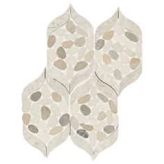 two white and gray tile designs with leaves on the top, one is made out of pebbles