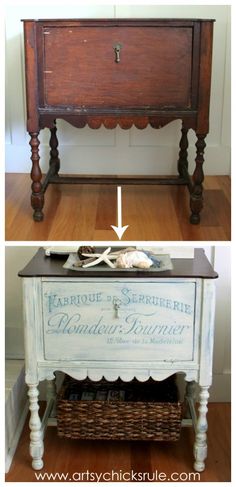 an old dresser is transformed into a side table with chalk paint and wood trimming