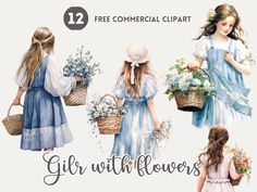 girls with flower baskets clipart for commercial use