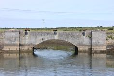 an old stone bridge over a body of water with cows standing on the ledges