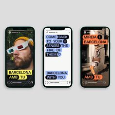 three iphones with different images on them, one showing the same person wearing sunglasses