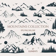 the mountains collection is shown in black and white, with pine trees on each side