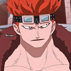 an anime character with red hair and goggles on his head, staring at the camera