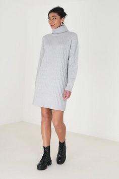 For effortless style, this cable knit jumper dress from Brave Soul is a cosy essential. With its chic roll neck and ribbed cuffs and hem, it's designed to make a statement. Crafted from a soft hand-feel knit, this jumper combines comfort and style. Model wears UK size S. Cable Knit Jumper Dress, Knit Jumper Dress, Knitted Jumper Dress, Cable Knit Jumper, Oasis Fashion, Brave Soul, Cable Knit Cardigan, Knit Midi, Knit Midi Dress