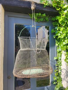 a bird feeder hanging from the side of a door with ivy growing on it's sides