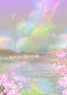 the sky is full of stars and clouds over water with pink flowers in front of it