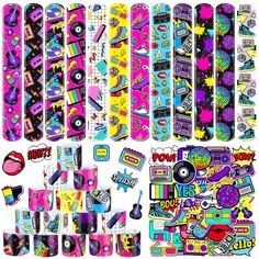 PRICES MAY VARY. What You Will Receive: the package contains 36 pieces of 80s 90s slap bracelets in 12 different designs, 3 pieces for each design, with 50 pieces of 80s and 90s themed stickers, enough to meet your needs on different occasions Retro Theme Design: these 80s 90s party favors slap bracelets are printed with a lot of retro patterns on the surface, such as disco balls, skateboarding shoes, tape recorders, guitars, records and so on, ideal for children's retro parties Proper Size to W Throwback Theme Party, 90s Party Favors, 80s 90s Party, Retro Stickers