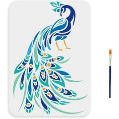 a blue and green peacock on a white background with a paintbrush next to it