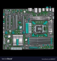 the top view of a computer motherboard with many parts and components on black background