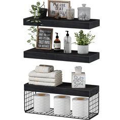 three shelves with towels, toiletries and other bathroom items on top of each shelf