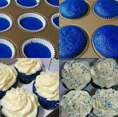 blue cupcakes with white frosting and sprinkles