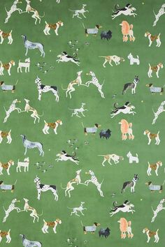 a green background with dogs and cats all over the place in different positions on it