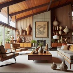 a living room filled with lots of furniture and vases on the wall next to each other