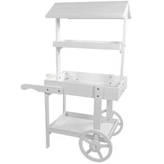 a white cart with wheels and shelves on the top, in front of a white background