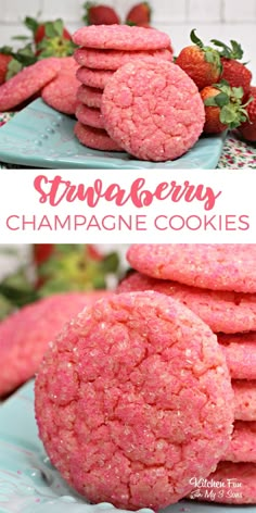 strawberry champagne cookies stacked on top of each other with strawberries in the background and text overlay