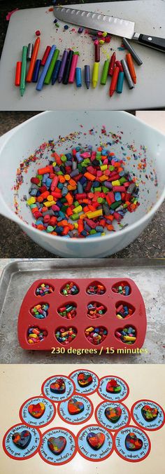 there are many different pictures of colorful crayons in the bowl and on the table