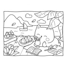 a cartoon cat eating food at a table with an ocean view in the back ground