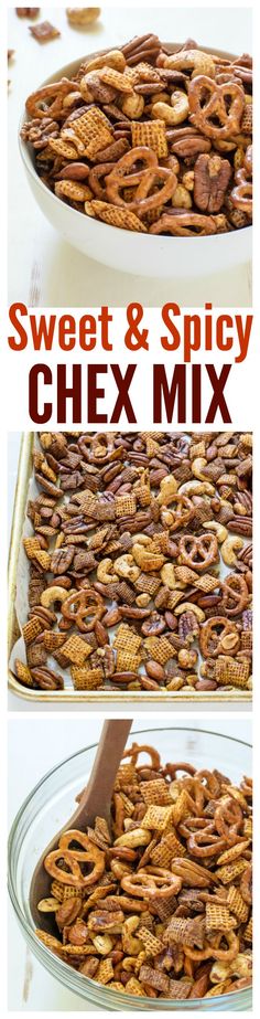 two pictures showing how to make sweet and spicy chex mix