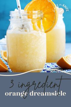 three ingredients for orange dream smoothie on a blue and white tablecloth with text overlay