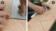 two pictures showing how to use a ruler on wood planks and measuring the width