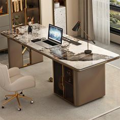 a desk with a laptop computer on top of it next to a chair and window