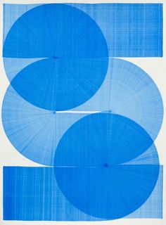 an abstract painting with blue circles on white paper