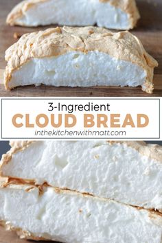 three ingredient cloud bread on a cutting board with text overlay that reads, 3 ingredient cloud bread