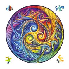 an artistic painting with many different colors and shapes in the shape of a circular object