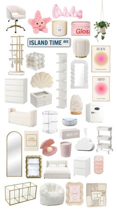 a collage of different types of furniture and decor in pink, white and gold