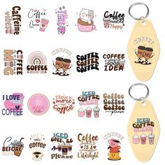 two keychains with coffee related items attached to them, one is pink and the other is brown