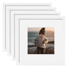 three white frames with an image of a young boy wearing a hat and standing in front of the ocean