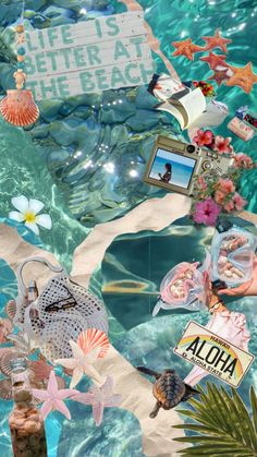 a collage of various items floating in water and on top of each other with the words aloha above them