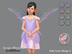 a girl in a purple dress with wings on her head and the words, kids fairy wings