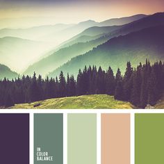 the color palette is green, purple and grey with mountains in the background at sunset