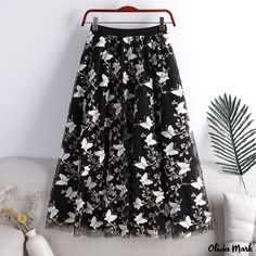 Olivia Mark - Double-Layered Mesh Butterfly Organza Skirt with Elastic Waist - Midi Length Knee Length Midi Skirt, Lace Embellishments, Applique Skirt, Long Midi Skirt, Butterfly Skirt, Butterfly Lace, Gauze Skirts, Organza Skirt, Layered Tulle Skirt