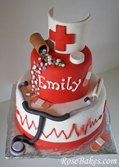 a cake that is decorated to look like a doctor's hat and stethoscope