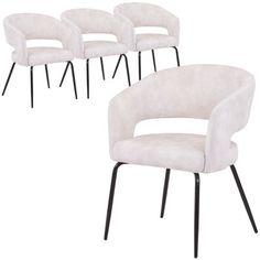 four white chairs with black legs on a white background