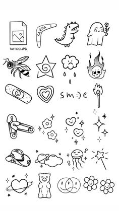 the back side of a black and white drawing of various tattoos on a sheet of paper